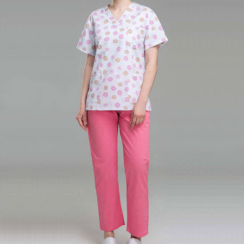 Women's Pink and White Floral Scrubs
