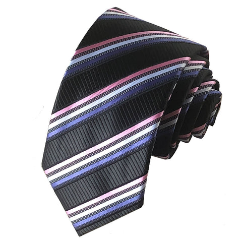 Black Ribbed Necktie with Thin Pink, White & Purple Stripes