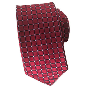 Bold Red Necktie with Black Square Pattern & Tiny White Diamonds